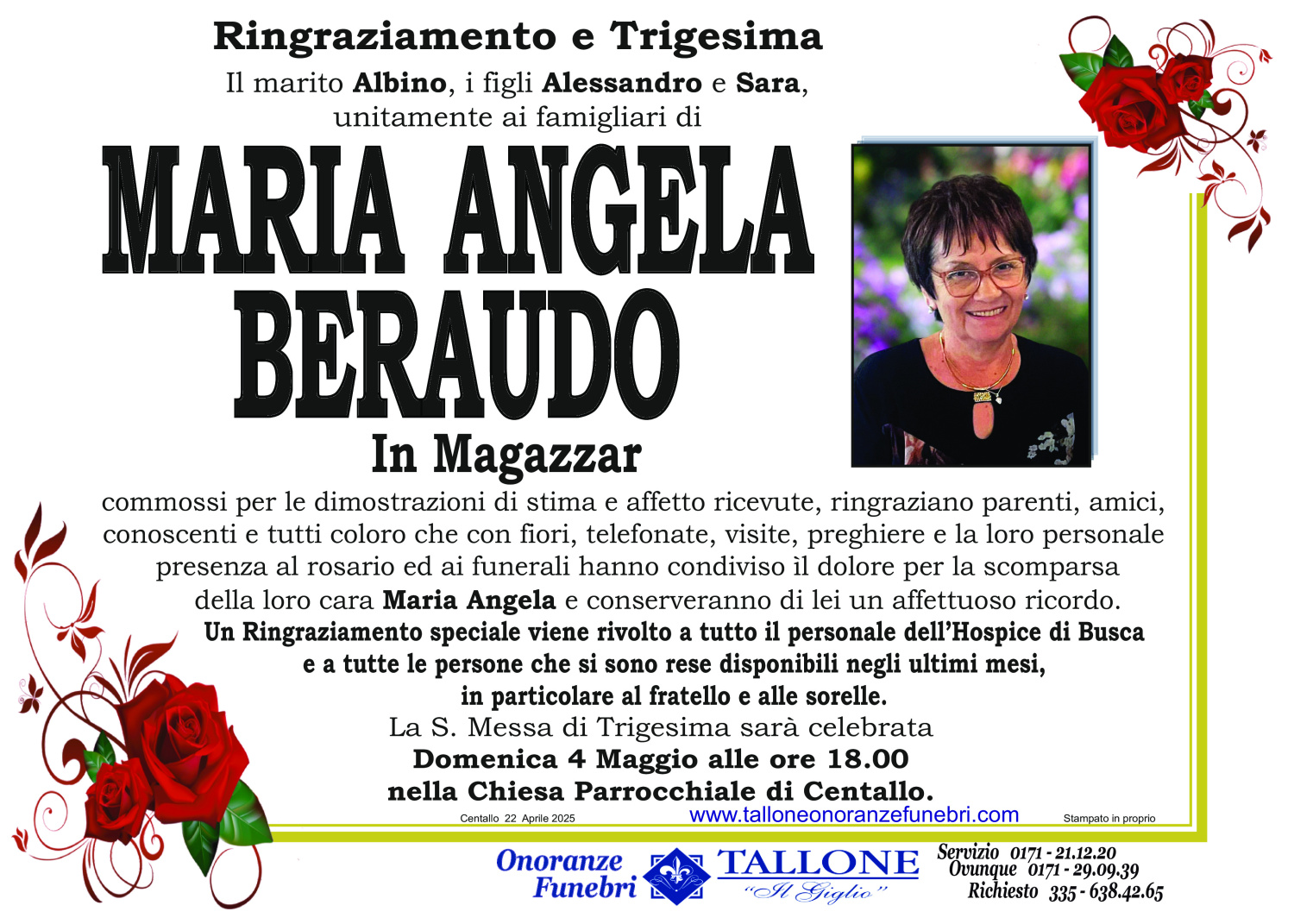 <br />
<b>Warning</b>:  Undefined variable $info in <b>/home/tallone/public_html/ringraziamenti.php</b> on line <b>68</b><br />
Maria Angela Beraudo